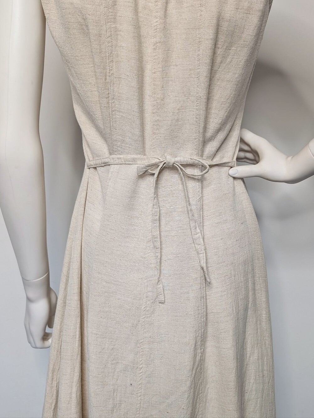 Vintage 90s Cream Color Linen Blend Button Front Sleeveless Collared Midi Dress - Picture 9 of 14